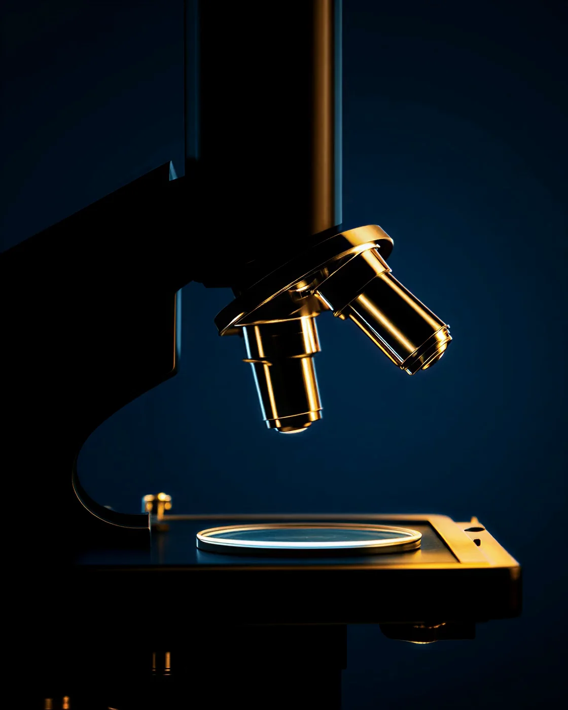 AI-generated illustration of a laboratory microscope with gold objective lenses above a glass slide, against a deep navy background