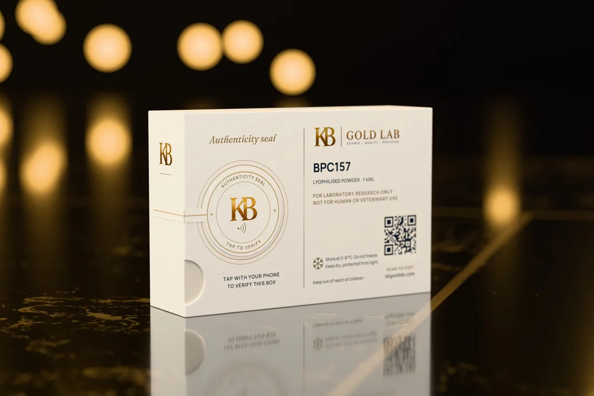 Back of a KB GOLD LAB box with the round NFC authenticity seal, the BATCH / MFG / EXP area and the QR code